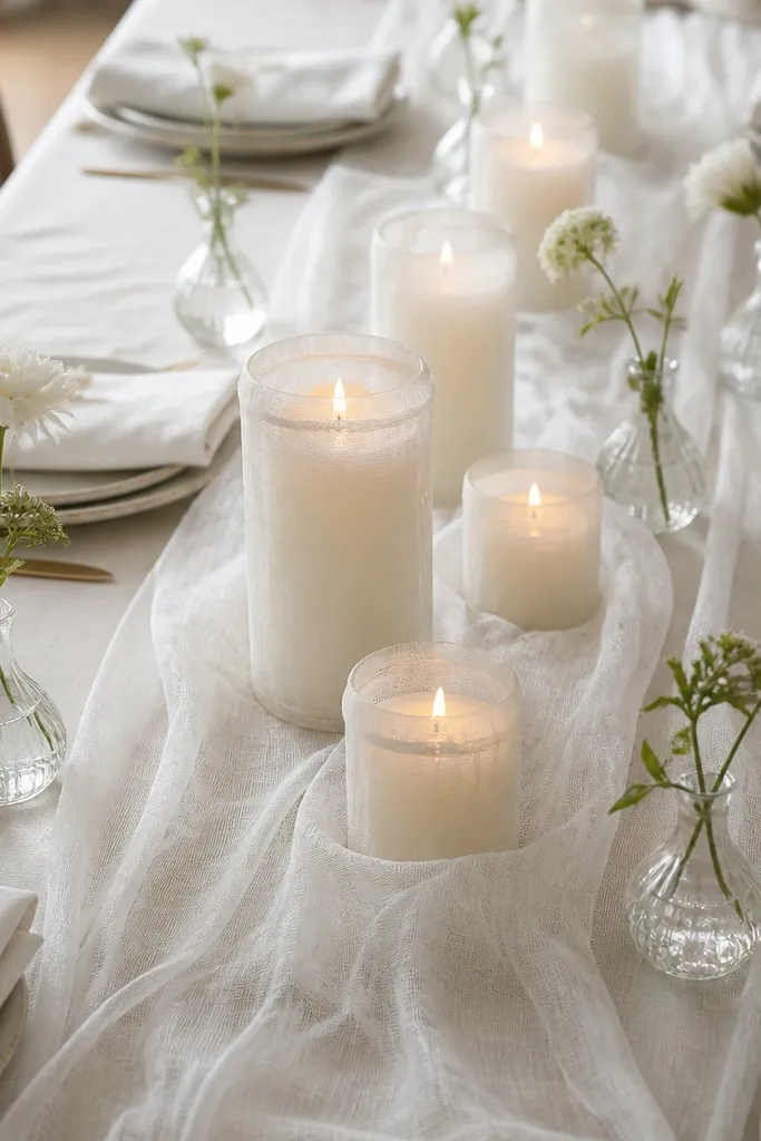 A sheer white gauze runner laid over a pale tablecloth. Several pillar candles sit in the center, each wrapped with a thin translucent fabric sleeve. Place settings show white napkins and small clear glass bud vases with single stems.