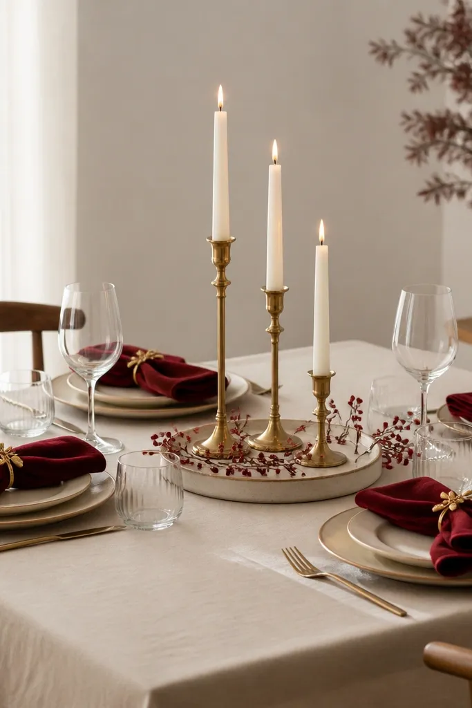 A neutral table with cream tablecloth. Each place setting has deep red velvet napkins folded and held with a small gold clip. The centerpiece is a cream tray holding three candlesticks of different heights with white wax candles. Small red berries or dried stems sit around the tray.