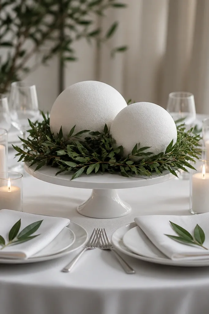 A white tablecloth with a monochrome centerpiece: two white foam domes wrapped in greenery, placed on a white cake stand. White candles in glass sit around them. Place settings have white napkins and a simple green leaf tucked under each napkin fold.