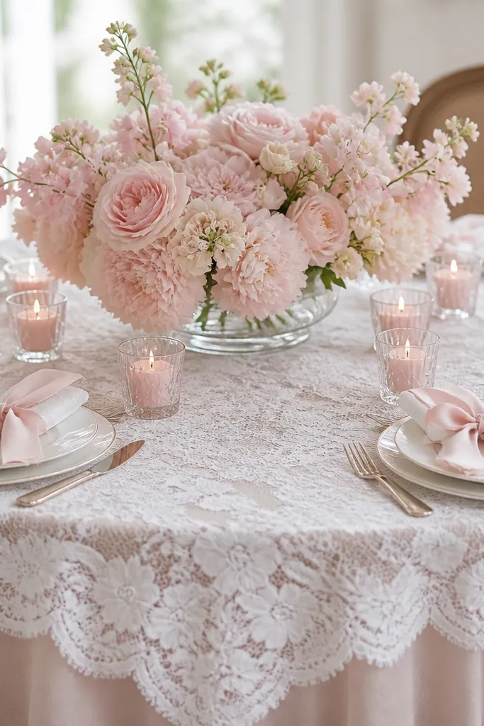 A table with a white lace overlay draped on top of a pale tablecloth. A low clear glass tray holds clusters of blush blooms. Around the tray sit small glass votives with soft pink candles. Napkins are white with a blush ribbon tied in a bow.