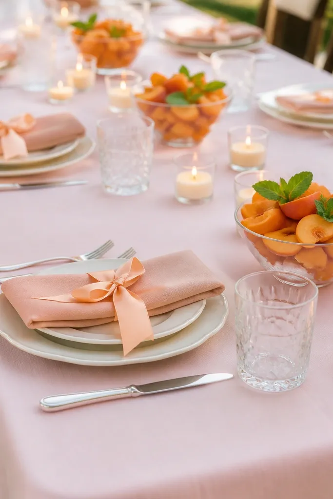 A blush pink tablecloth with peach ribbon tied around each napkin. Centerpieces are mini clear bowls filled with sliced peaches or apricots with a few mint leaves. Small white candles sit near the bowls. Each place setting has a peach napkin tied neatly.