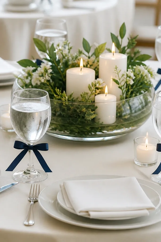 A cream tablecloth with navy ribbon tied into bows around the stems of water glasses. Place settings include simple white napkins. The centerpiece is a low arrangement of white candles and greenery in a clear glass bowl.