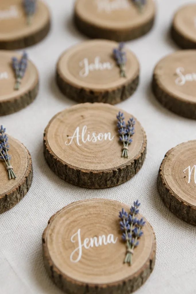 Small round wood slices with bark edges on a table; each has a white chalk-ink name written and a tiny sprig of dried lavender tucked beside it.