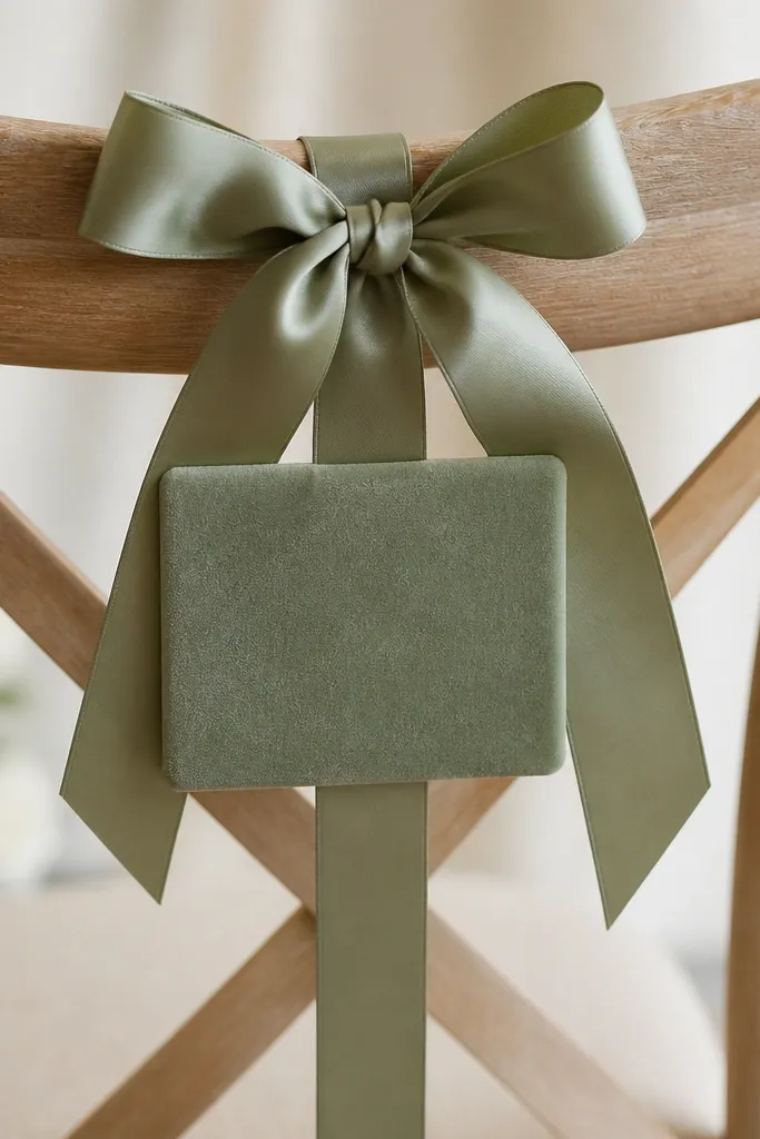 Small rectangular seating cards wrapped in soft sage velvet, each tied to a chair with a satin ribbon bow.