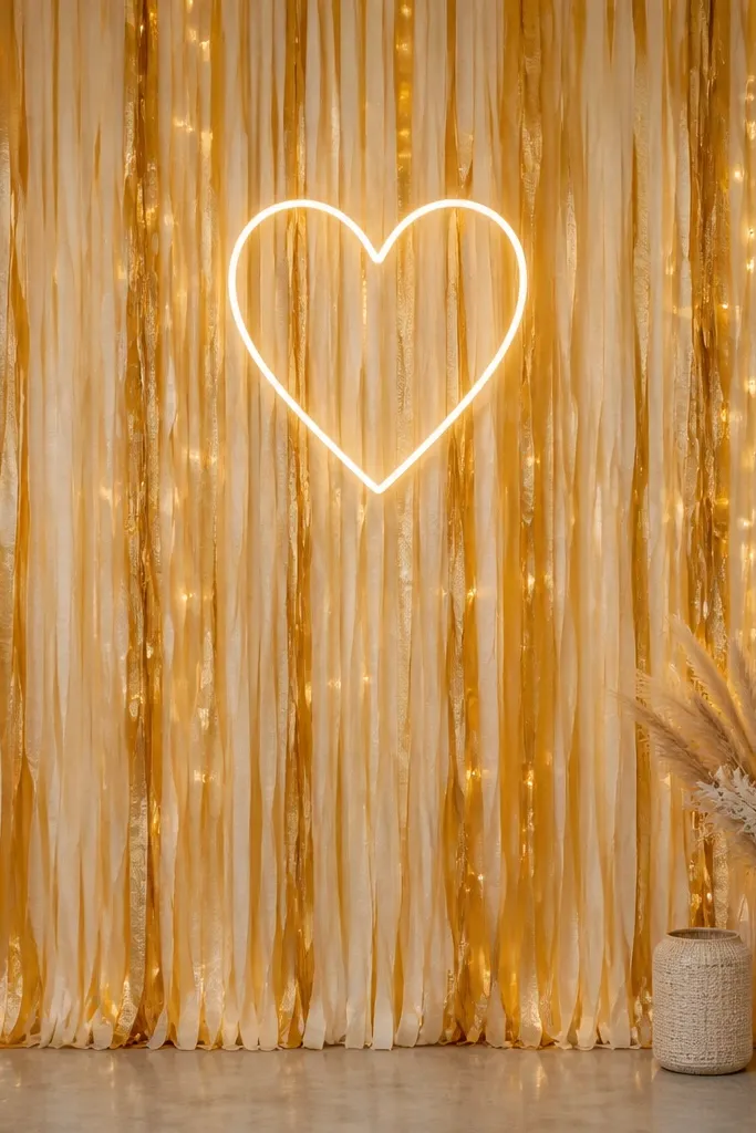 A wall covered with vertical fringe strips in gold and cream, with a simple neon-style sign in the center and fairy lights behind.