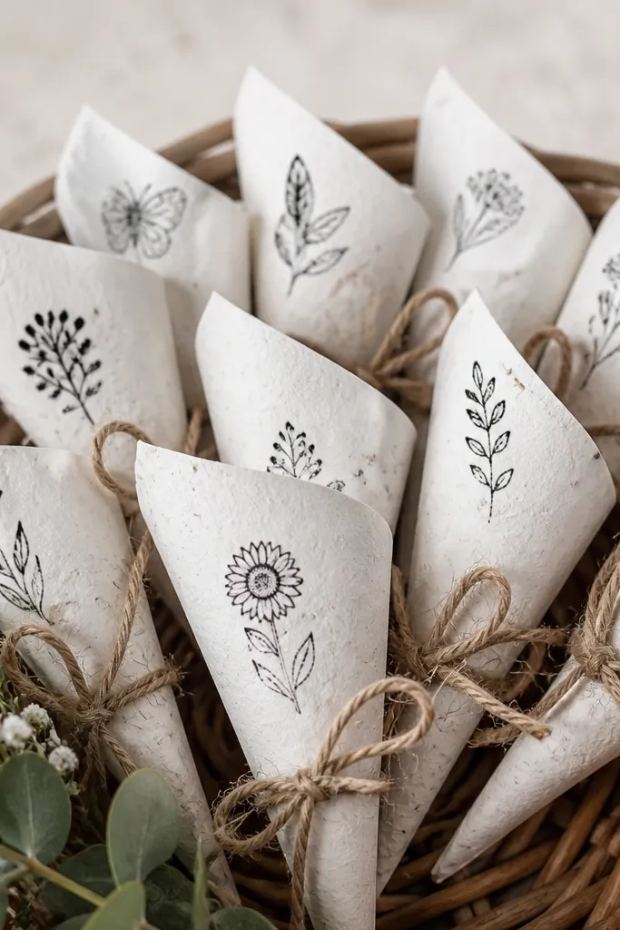 Cones made from seed paper folded and tied with twine, placed in a basket; the cones have small printed icons in black ink.