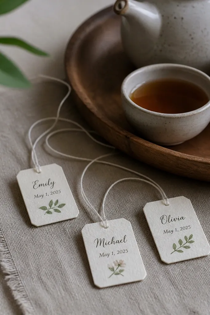 Small rectangular tags attached to tea bags with string, printed with names and dates; a tray of tea sits beside a linen runner.