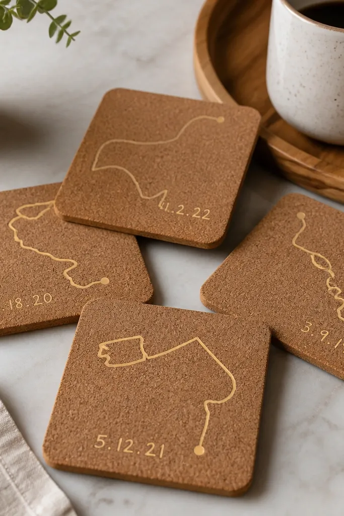 Set of square cork coasters on a table, each with a simple line-drawn map route and a date written in gold paint pen.