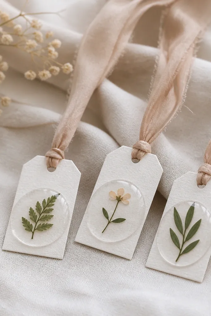 Small name tags attached to ribbon with pressed leaves and a tiny pressed flower under a clear sticker.