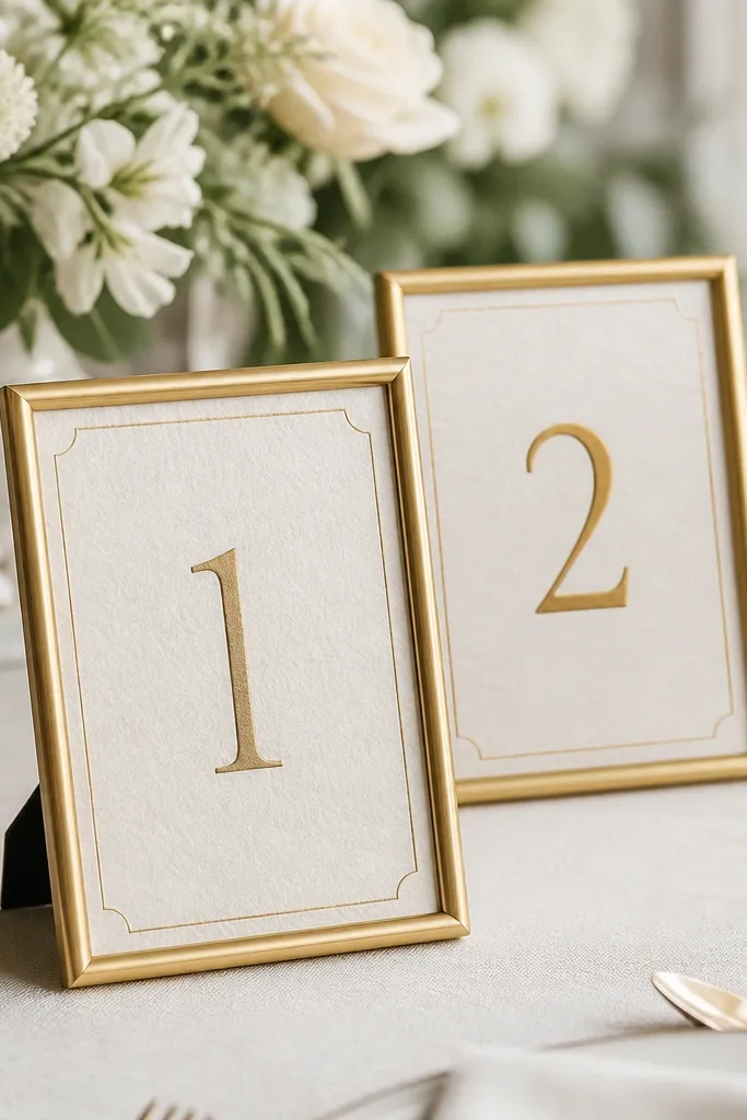 Small picture frames holding table number cards with textured paper backgrounds and a simple gold border.