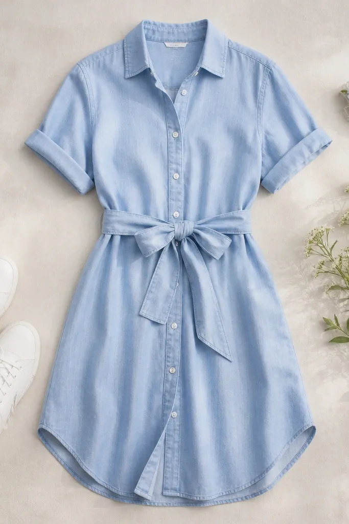 A shirt dress laid out flat: light chambray (soft blue) button-front with short sleeves, a fabric tie belt at the waist, rolled cuffs, and white sneakers; a small floral hair clip is visible.