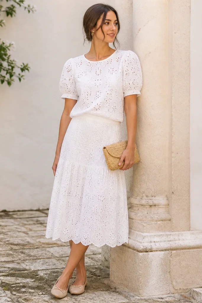 A coordinated two-piece outfit: a white eyelet blouse with short puff sleeves and a matching eyelet skirt, paired with nude ballerina flats and a small straw clutch.