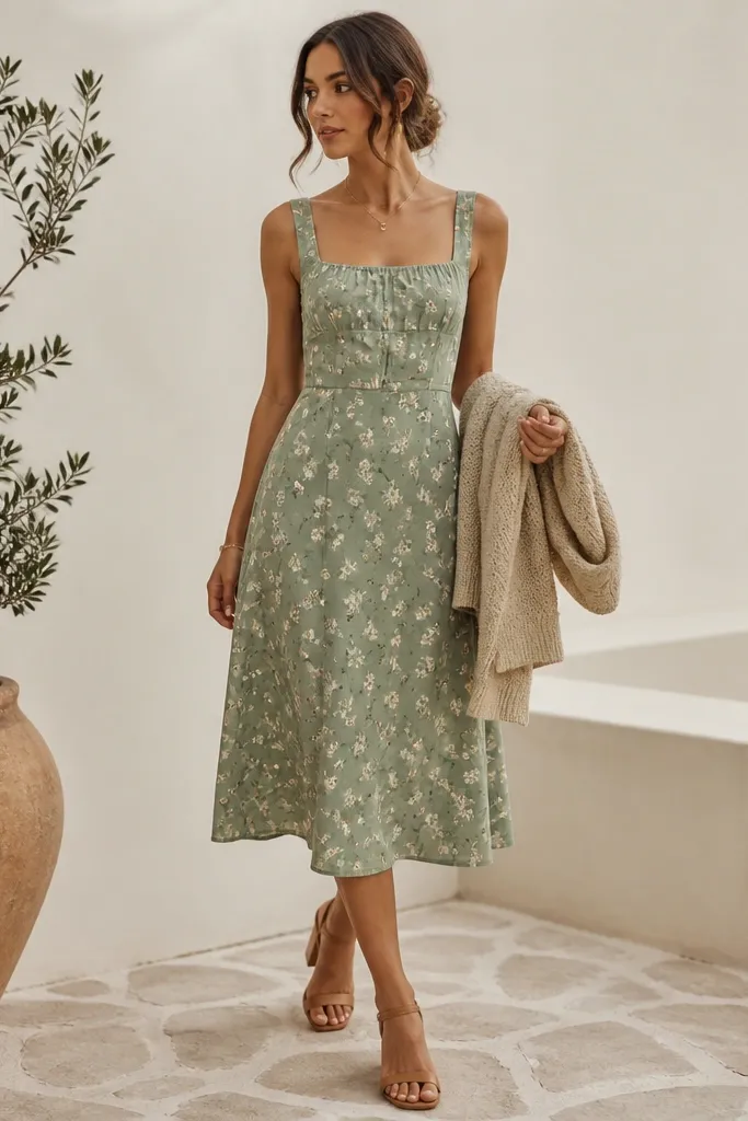 A woman's outfit: a sage green floral midi dress with a square neckline, a lightweight cardigan draped over one arm, and a single-color pair of tan heeled sandals.