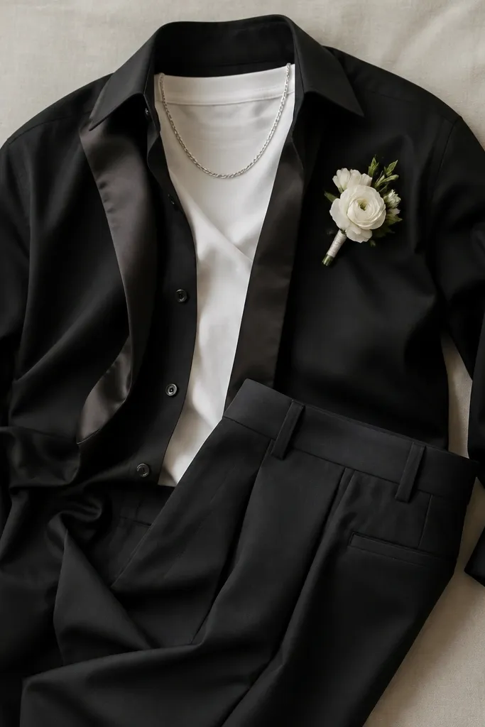 A men's styling flat lay: a black tuxedo-style shirt with satin lapels worn over a plain white crewneck tee, dark trousers, and a silver chain necklace; a white boutonniere is pinned.