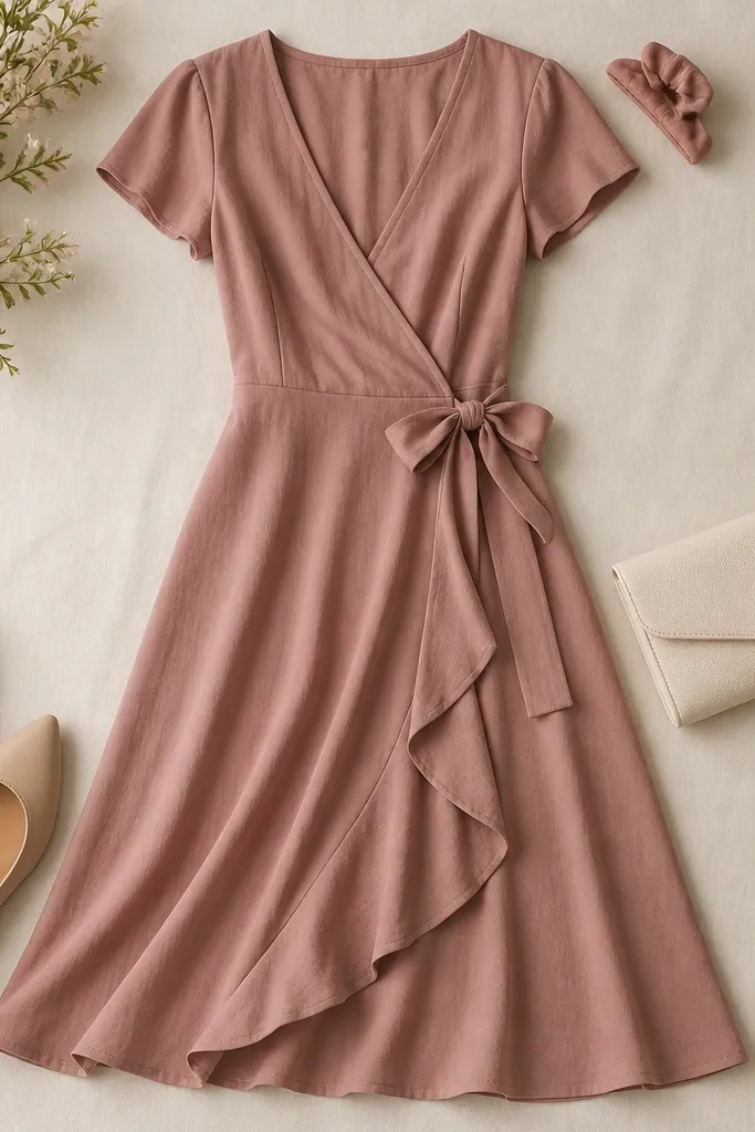 A woman's wrap dress in dusty rose with a V-neck, tied waist, and a small matching fabric hair clip; nude flats and a cream clutch sit beside it.