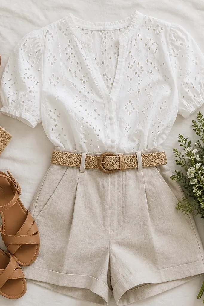 A summer outfit flat lay: a white cotton eyelet blouse tucked into high-waist light linen shorts, plus a straw belt and tan sandals; a small bouquet of white and green flowers is in frame.