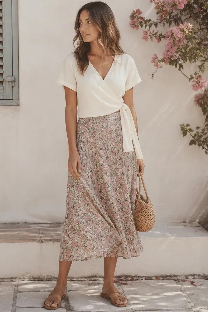 A woman's outfit: off-white wrap top with short sleeves, a floral midi skirt in muted pink and green, tan slide sandals, and a small woven bag.