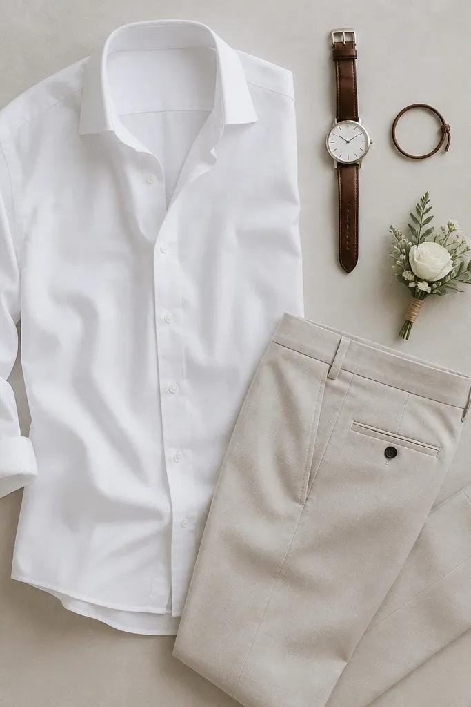 A men's flat lay: a white button-up shirt with sleeves rolled to mid-forearm, light beige trousers, a brown leather watch, one thin leather bracelet, and a small boutonniere.