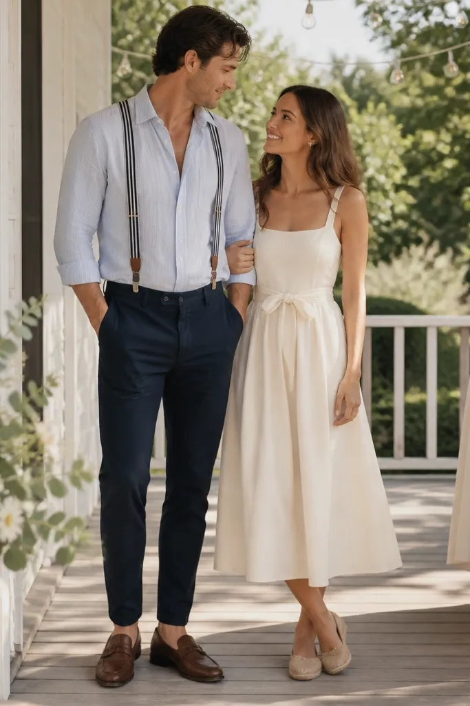 A man and woman styled for a backyard wedding: the man wears a light blue seersucker button-down with the top two buttons open and striped ribbon suspenders over dark navy chinos; the woman wears a cream cotton sundress with a small bow at the waist and flat espadrilles. The scene is outdoors on a wooden porch with string lights, soft shadows, and a small bouquet of white daisies and eucalyptus in the foreground.