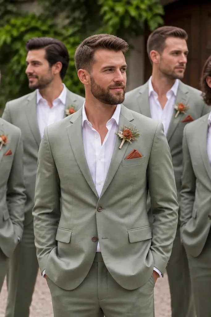 A group of men wearing sage green suits with white shirts; each has a terracotta pocket square folded cleanly and matching terracotta boutonnieres.