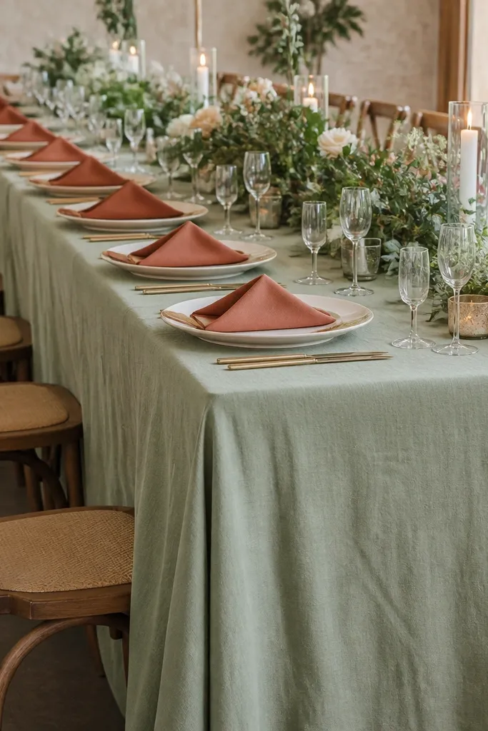 A long reception table covered in sage linen with soft wrinkles; cream dinner plates sit on top, and terracotta napkins are folded in a simple triangle.