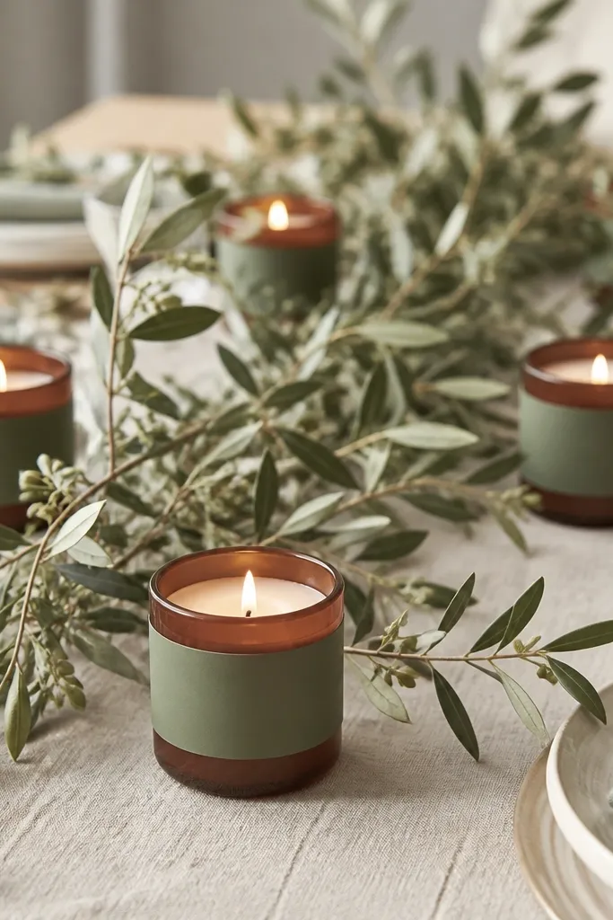 Short terracotta-colored glass candle jars on the table; sage-green label stickers wrap around the jars, and olive branches spill across the centerpiece.