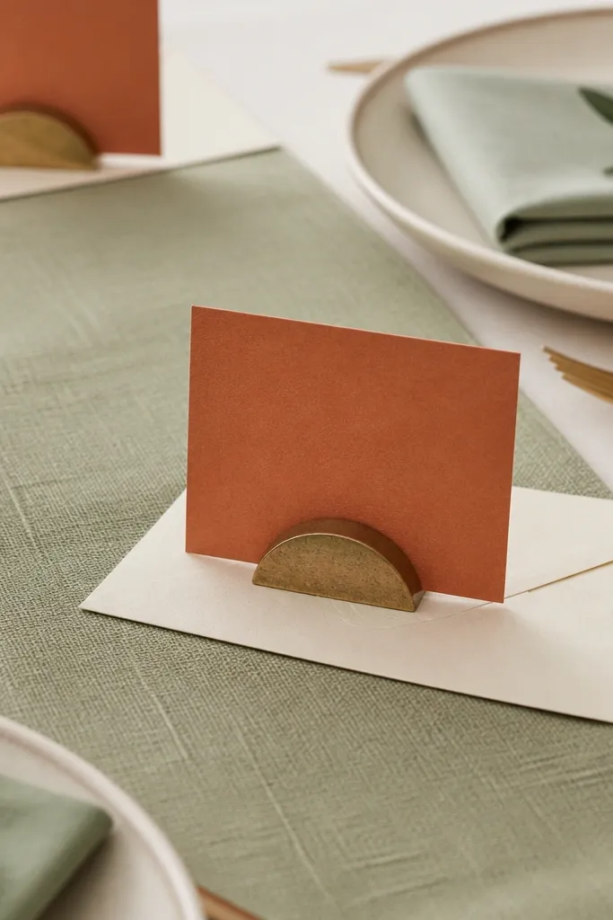 A sage table runner with a visible weave; terracotta place cards on cotton paper stand in small cardholders, with cream envelopes underneath.