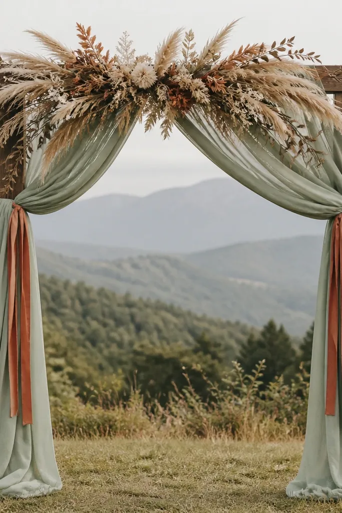 A simple wooden ceremony arch wrapped in sage fabric panels; terracotta ribbons hang in small lengths, and a dried-flower swag sits across the top.