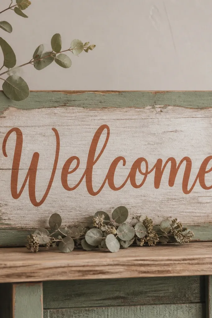 A welcome sign carved or painted on reclaimed wood; sage-green paint frames the edges, terracotta lettering reads 'Welcome', and small dried eucalyptus sits at the bottom.