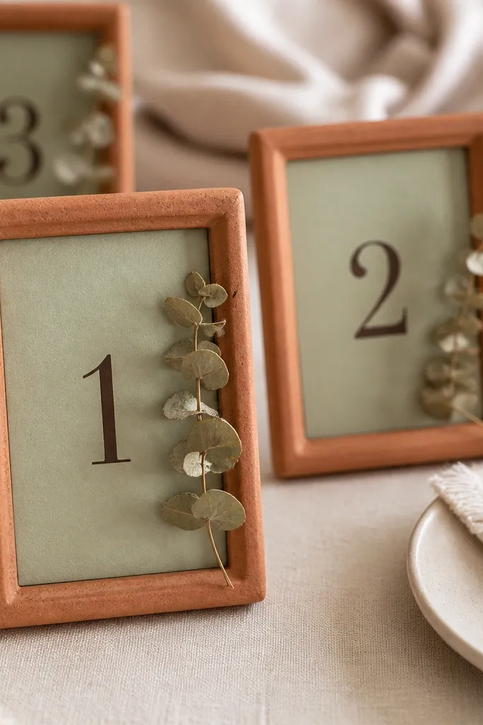Table number cards in sage paper inside small terracotta picture frames; each card has dark brown numbers and a tiny sprig of dried eucalyptus on the side.