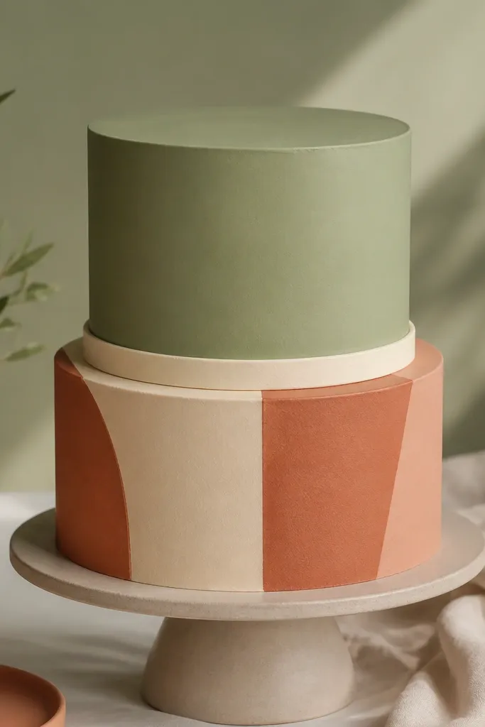 A two-tier cake with smooth buttercream; top tier is sage with a matte finish, bottom tier has terracotta color blocking panels, and a cream ribbon border runs between tiers.