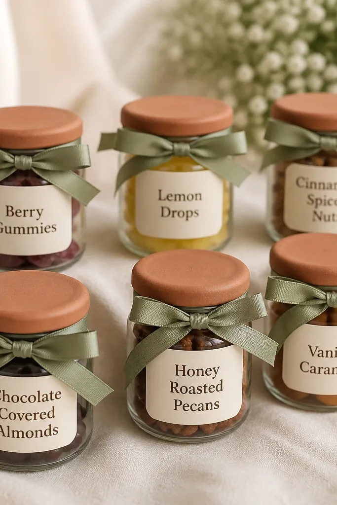 Mini jars with terracotta-toned lids tied with sage ribbon; labels read the favor type in dark brown text, and each jar sits on a cream cloth.