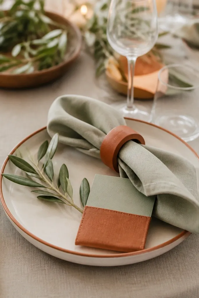 A close-up of a wedding table: sage green matte linen napkins folded with terracotta napkin rings, cream dinner plates with a thin terracotta rim, and mixed-metal cutlery (brushed gold forks paired with warm copper spoons). Small sprigs of olive sit under each setting, with a sage place card tucked into a terracotta-stained cotton sleeve.