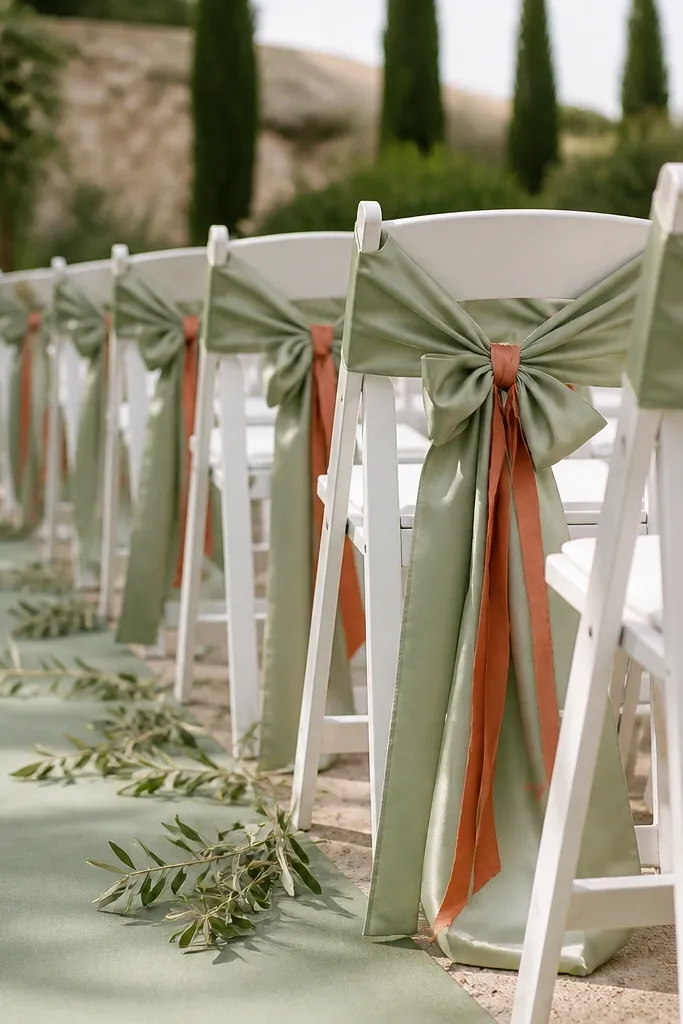 Rows of white folding chairs at an outdoor ceremony. Each chair back has a sage satin sash tied in a neat bow, and a terracotta cotton ribbon looped through the sash knot. The ground has a sage runner with scattered olive sprigs, and the ties catch light like soft ribbons rather than stiff bows.