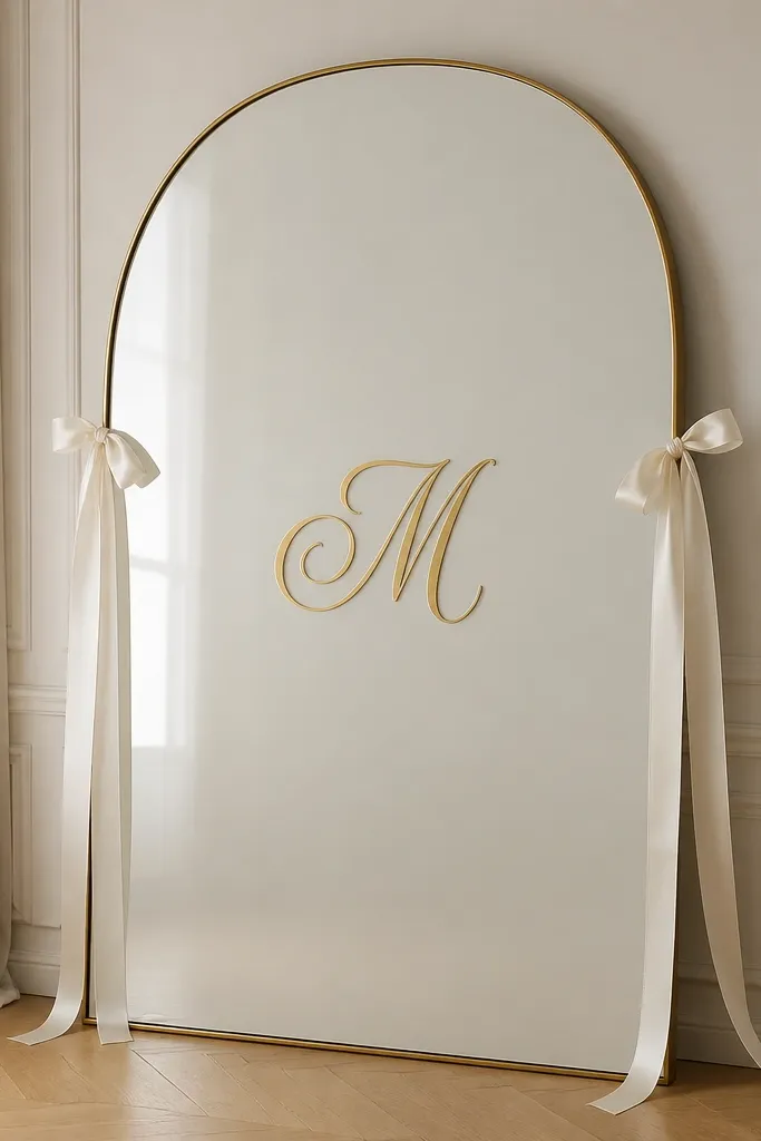 A large mirror with a white foam board backing centered behind it; a gold foil monogram letter sits in the middle, and thin satin ribbon bows hang on both sides.