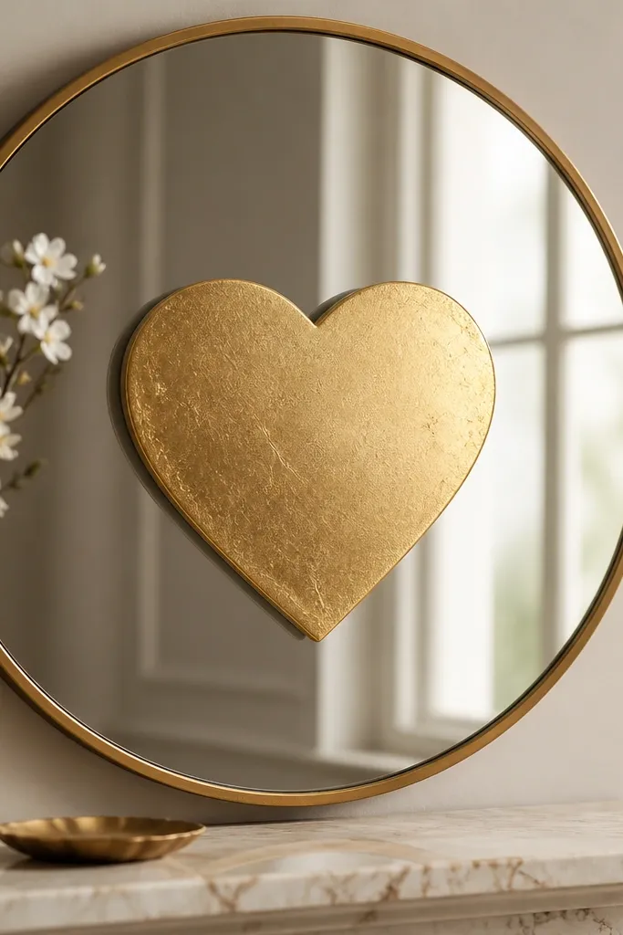 A heart-shaped sign with a gold leaf look finish placed at the center of the mirror; the sign sits slightly forward with a small foam spacer behind it.