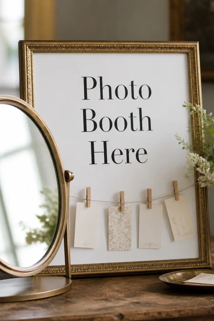 A mirror with a white sign behind it reading 'Photo Booth Here'; small wooden clothespins hold a few mini cards on a thin twine line.
