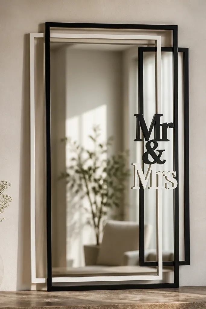 A mirror with two stacked rectangular frames behind it; 'Mr & Mrs' text sits centered between layers in black and white.