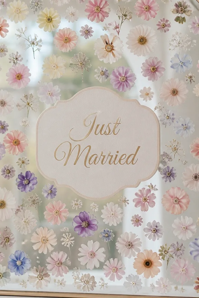 A mirror with a centered 'Just Married' sign; pastel flower stickers fill the area around it like a soft wall.