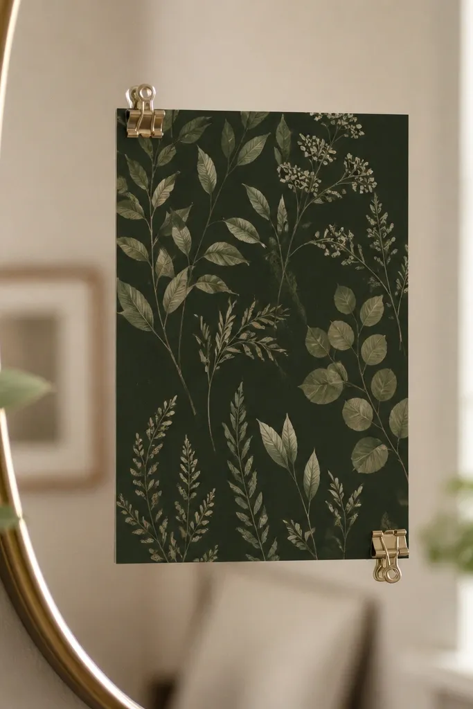 A mirror showing a dark green botanical print card; two small metal clips hold the corners as if pinned to a board.