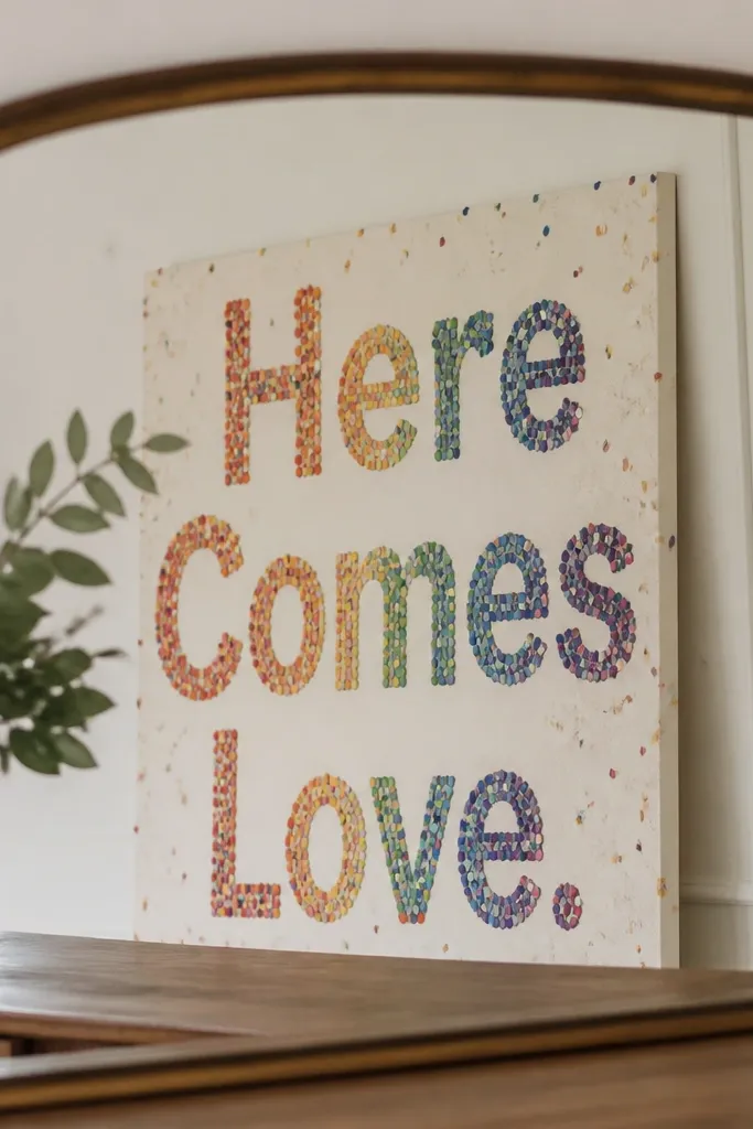 A cream sign behind a mirror with large rainbow confetti-style letters reading 'Here Comes Love'.