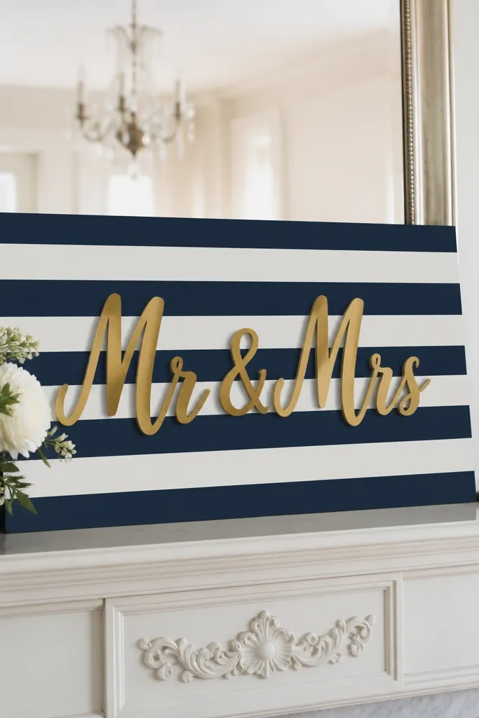 A navy and white striped sign behind the mirror with 'Mr & Mrs' in gold vinyl across the center.