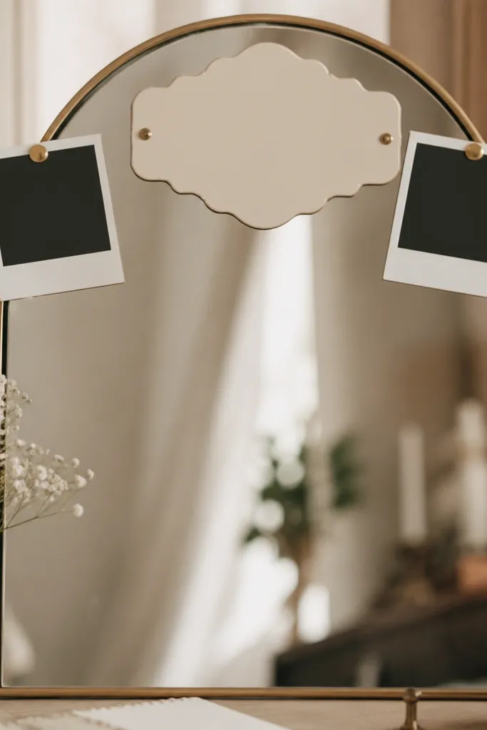 A mirror with a cream sign; two mini polaroid frames sit at the top corners and a 'Say Cheese' sign sits centered.