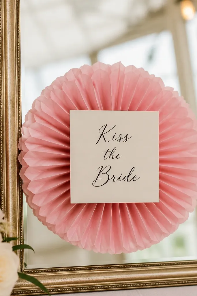 A mirror with a pink rosette made from tissue paper centered behind a small sign card that reads 'Kiss the Bride'.