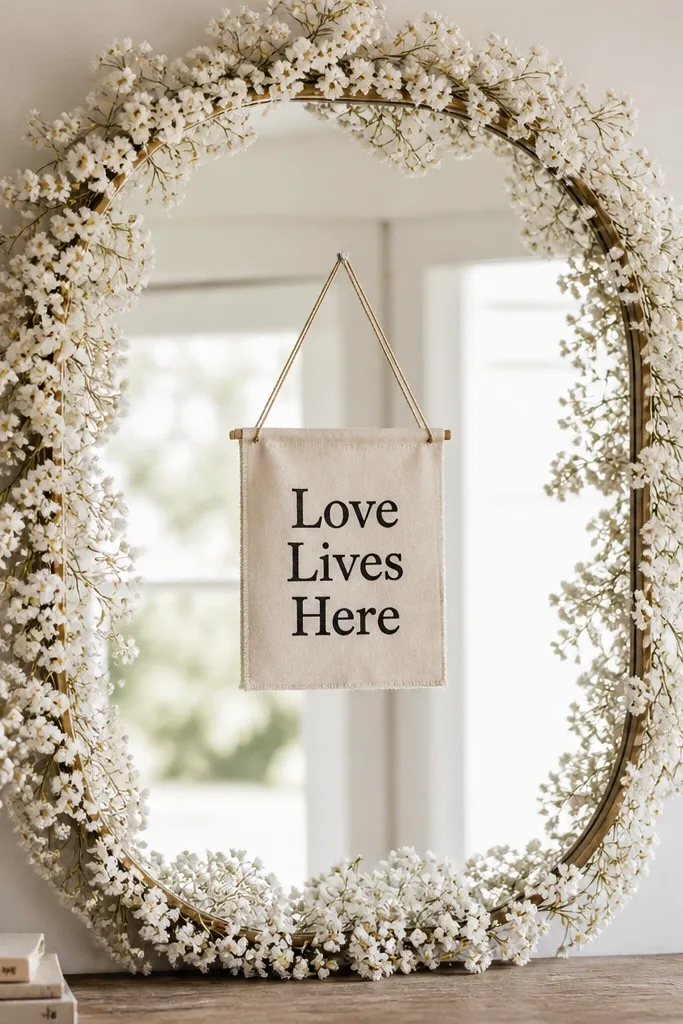 A mirror framed by a white paper baby's breath style garland; a small sign in the center reads 'Love Lives Here'.