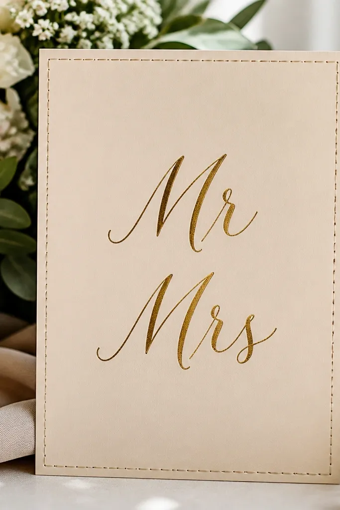 A champagne-colored cardstock sign with a faux stitched border drawn around the edges; 'Mr' and 'Mrs' are stacked in the center.