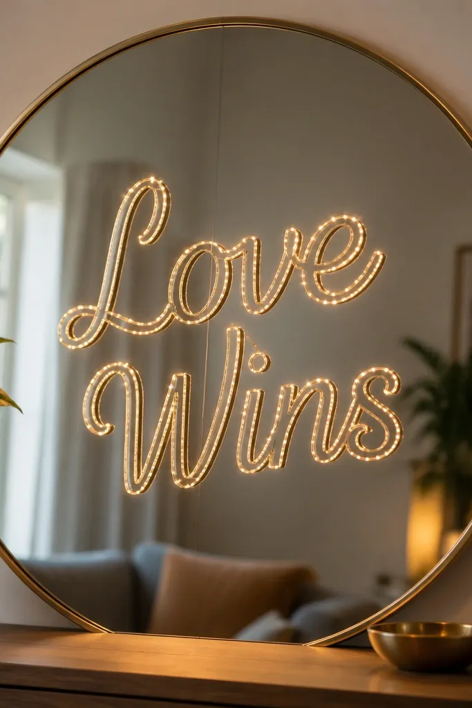 A mirror with a centered sign reading 'Love Wins' in white letters; warm white tiny LED fairy lights outline the sign shape.