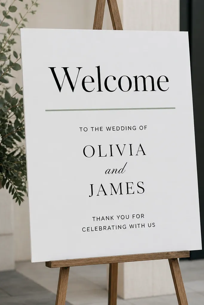 A white foam board standing on a small easel. Large black vinyl text reads "Welcome" at the top. A thin sage green stripe runs horizontally under the title. Smaller vinyl lines sit centered, with two names in a slightly larger font.