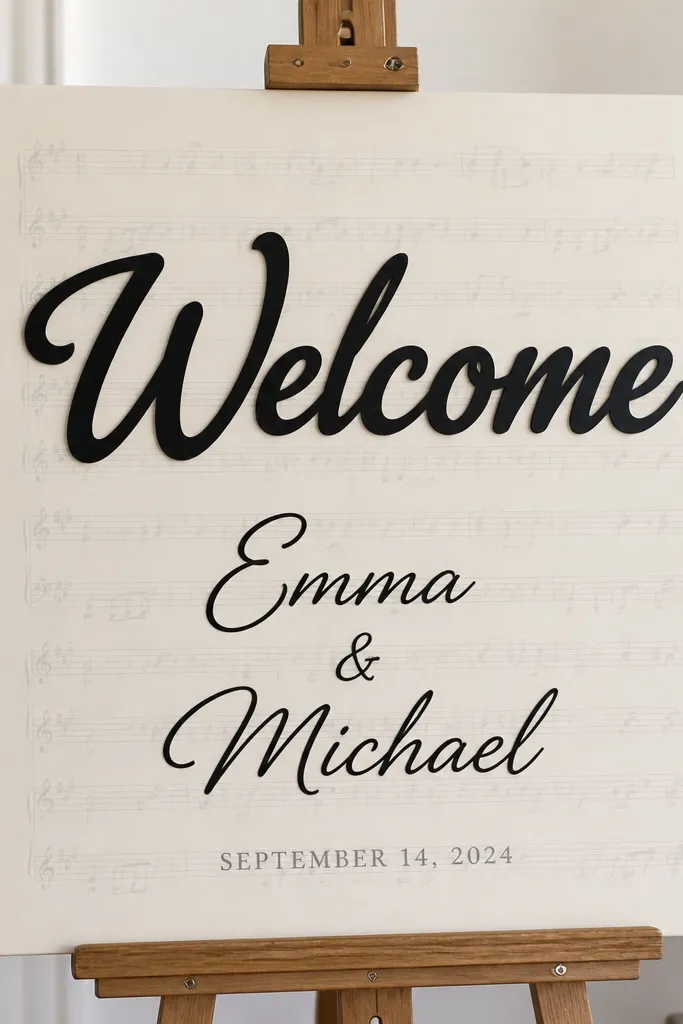 A cream poster board with a background of light gray sheet music lines. "Welcome" is in bold black vinyl across the top. The couple's names are in black vinyl below, and the date is in a small serif font printed in gray.