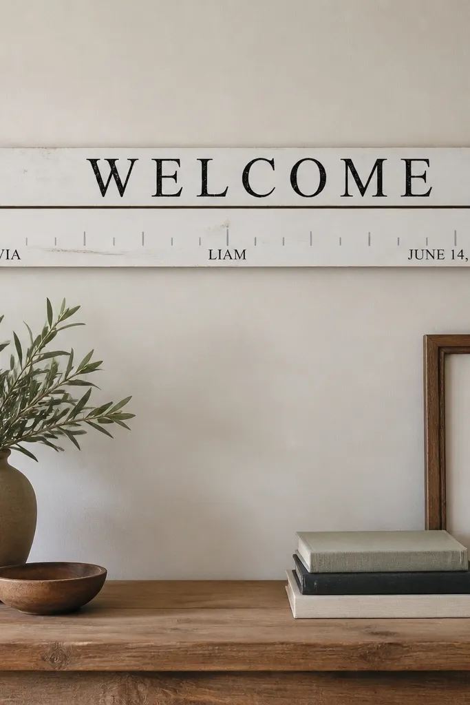 A set of two narrow painted wood boards arranged like a long ruler. "Welcome" is painted across the top board in black. Under it, the names and date sit spaced like measurement marks, with small tick marks in a pale gray.